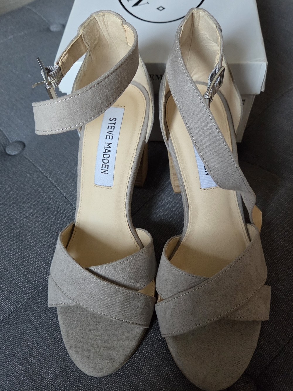 Steve Madden Grey Suede Cross-Strap Block Heels